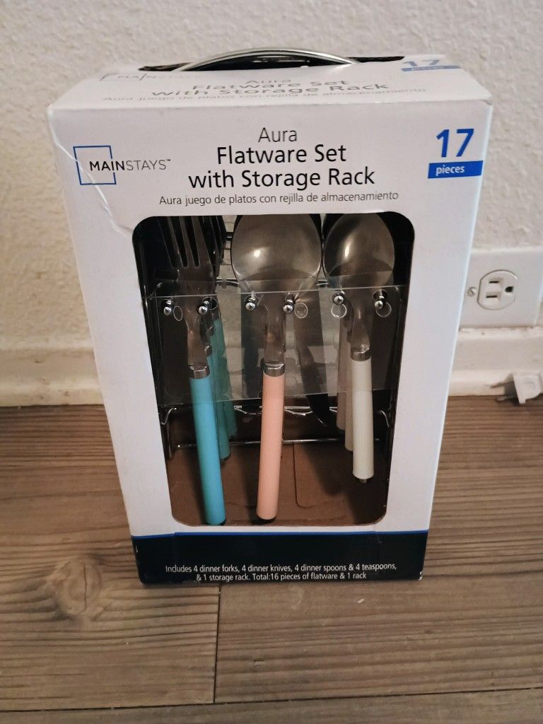 Mainstays 17 Piece Aura Flatware Set with Storage Rack Multicolor