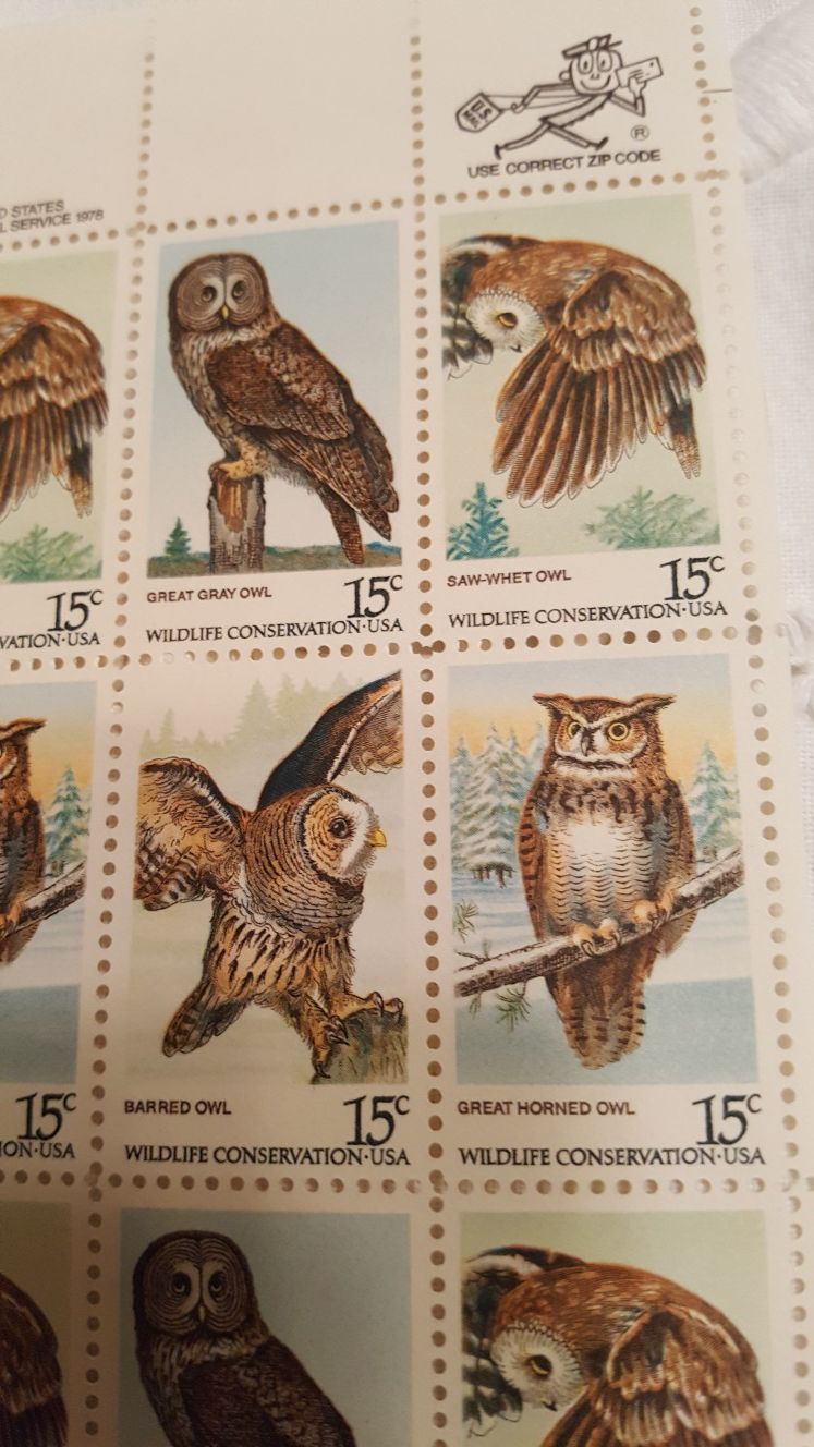 1978 U.S. ‘Wildlife Conservation’ 15 cent Stamps - Sheet of 50 - Owls 4 designs