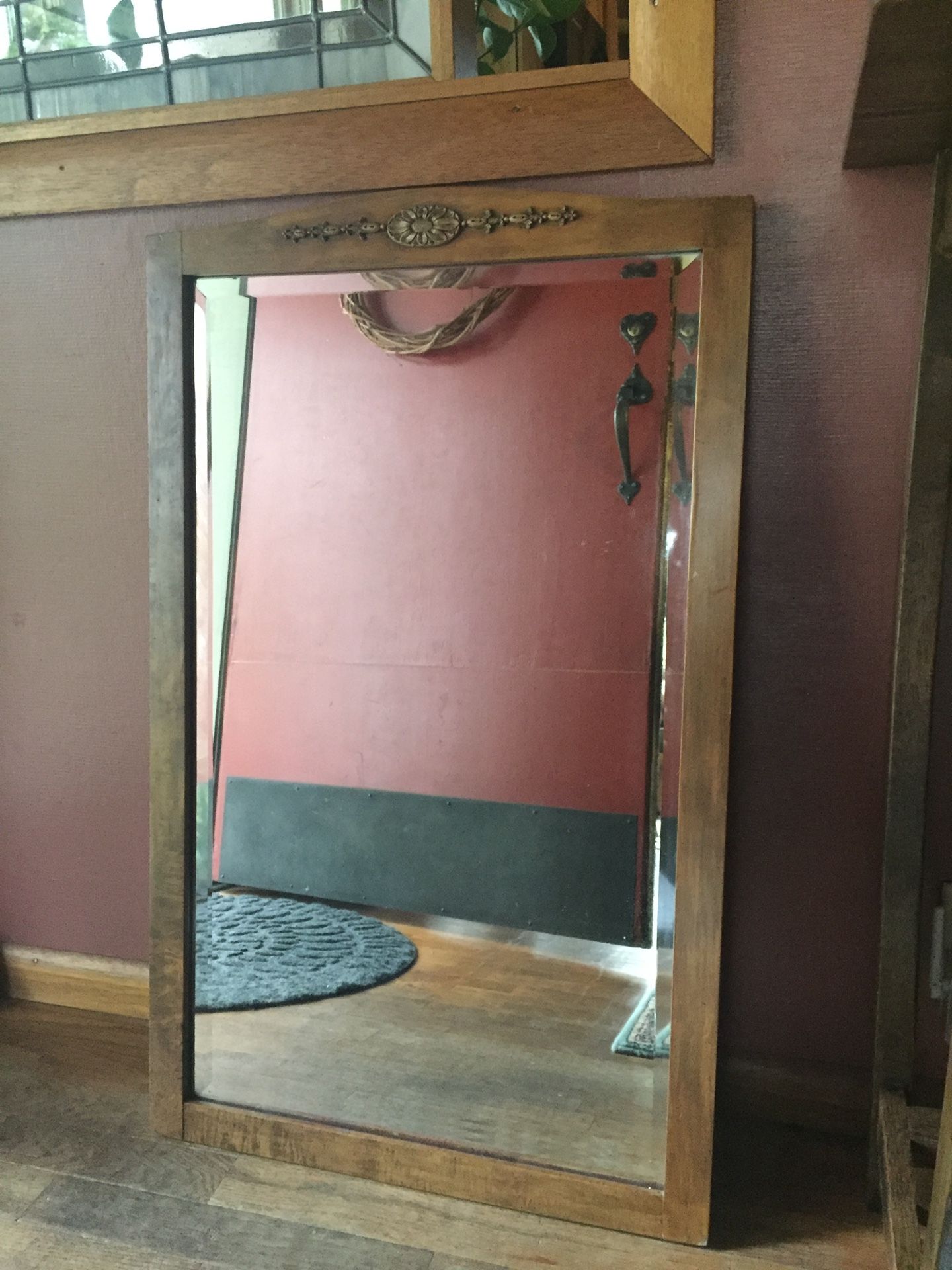 Vintage Wood Mirror, Beveled Edge