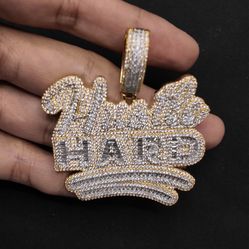 Iced Out ‘Work Hard’ Gold Pendant – Custom Hip Hop Jewelry