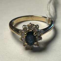 14K Plumb Yellow Gold Genuine Blue Topaz and Diamond Ring Size 6