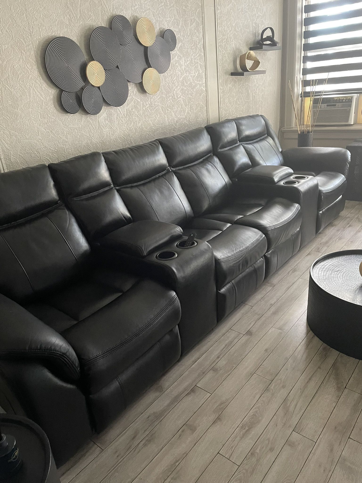 Black Leather Couch With 2 Power Recliners And UB Plug For Charging Phone