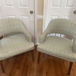 Pair of Mid-Century Modern Style Accent Chairs – Sage Green Geometric Print