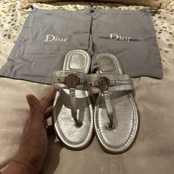 Dior Metallic Silver Leather Thong Sandals - Size 39