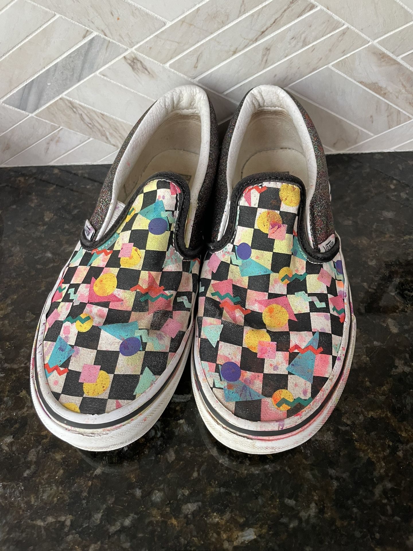 VANS Youth Size 3 Black and White Checker Slip-On Sneakers w Neon Paint Splatter