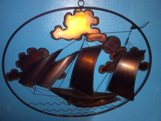 Vintage Mid-Century Brutalist Metal Sailing Ship Wall Art (31" x 22")