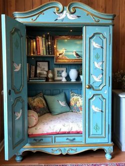 Custom Order Option: Antique Upcycled Armoire Reading Nook Adults & Kids Book Storage Study Area Blue Birds Fairy Lights Cushion Bench