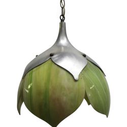  Set Of 2 Vintage Mid Century Green Tulip Flower Aluminum & Slag Glass Hanging Pendant Ceiling Light Chandelier
