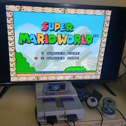 Original Full Size SNES Super Nintendo Game Console With Mario World Game