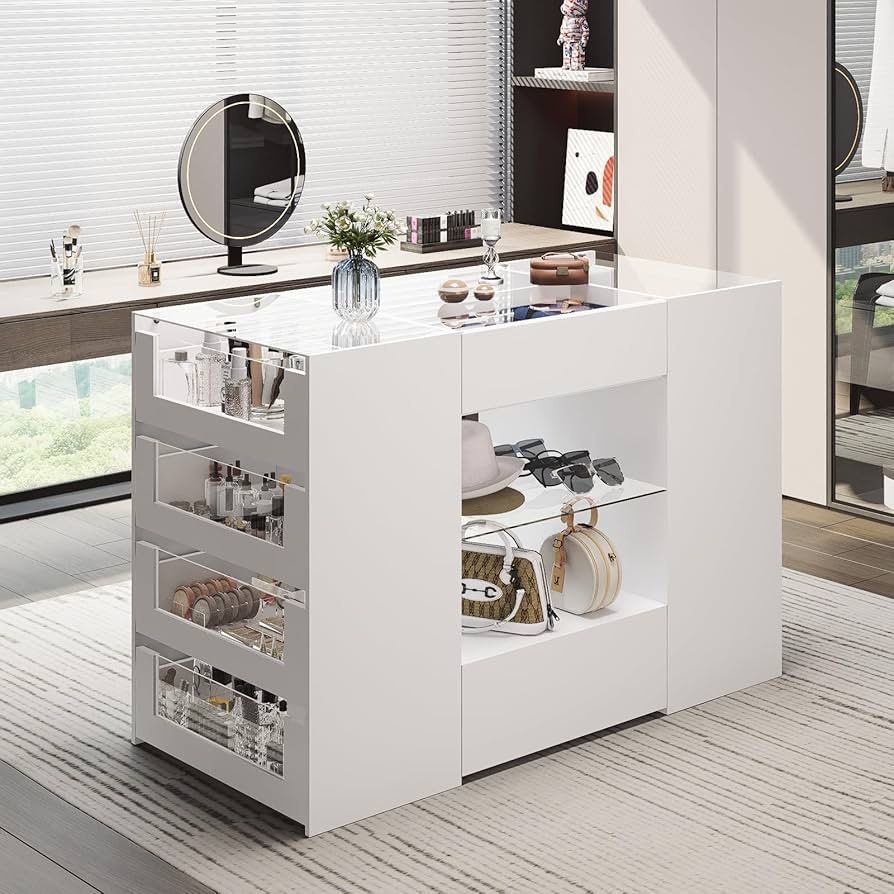 Closet Island with Drawers, Wardrobe Armoire Bedroom Island, Glass Display  Shelf & 12 Drawers, White Dresser