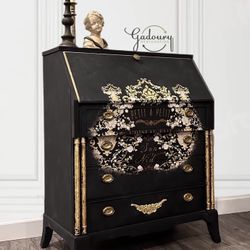 Vintage Antique Secretary Desk Black Gold Floral Bar Cabinet Dresser