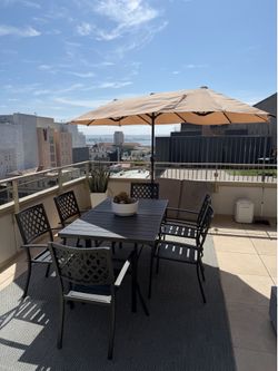 Table, 6 chairs, umbrella set