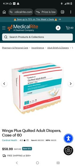Wings Plus Quilted Adult Diapers, Case of 60