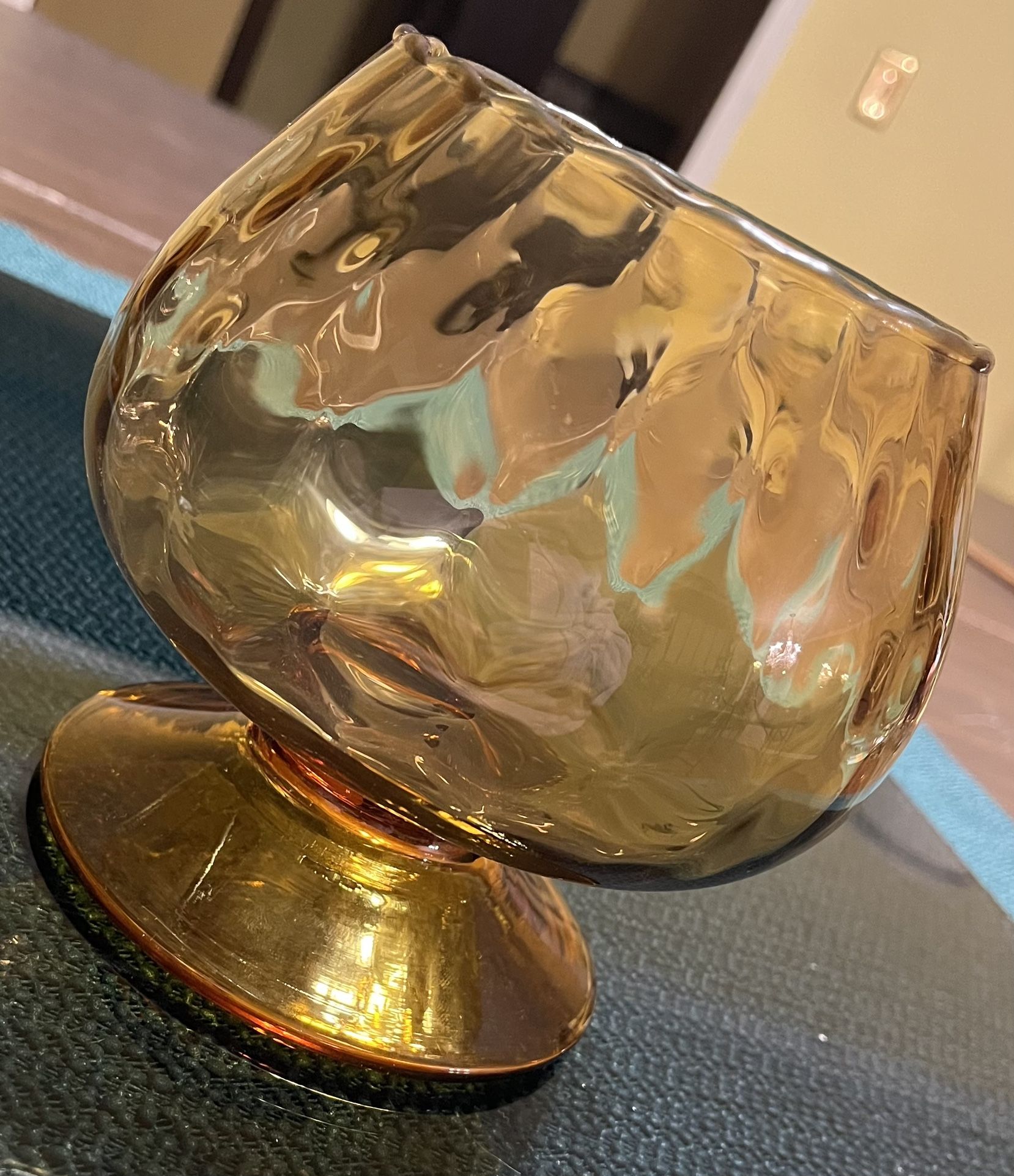 Italian Empoli Amber Wide Footed Base Diamond Optic Snifter Candy Dish Vintage