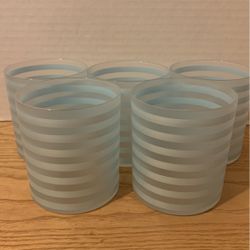 5 Vintage Drinking Glasses Mid Century Modern Barware Turquoise Striped 3-1/2”   A31