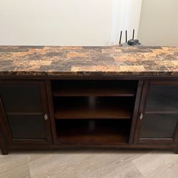 TV Stand Marble Top and Brown Wood Made