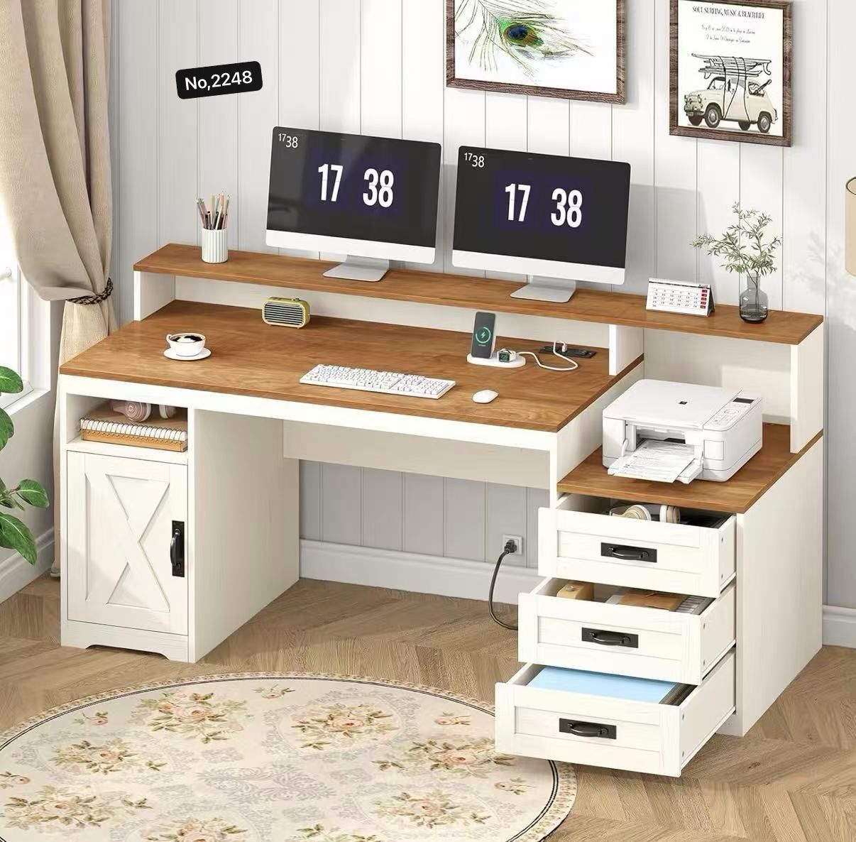Farmhouse Computer Desk with Drawers, 65'' Home Office Desk with Power Outlets, Storage Cabinet and Printer Stand, Study Writing Desks with Long Monit