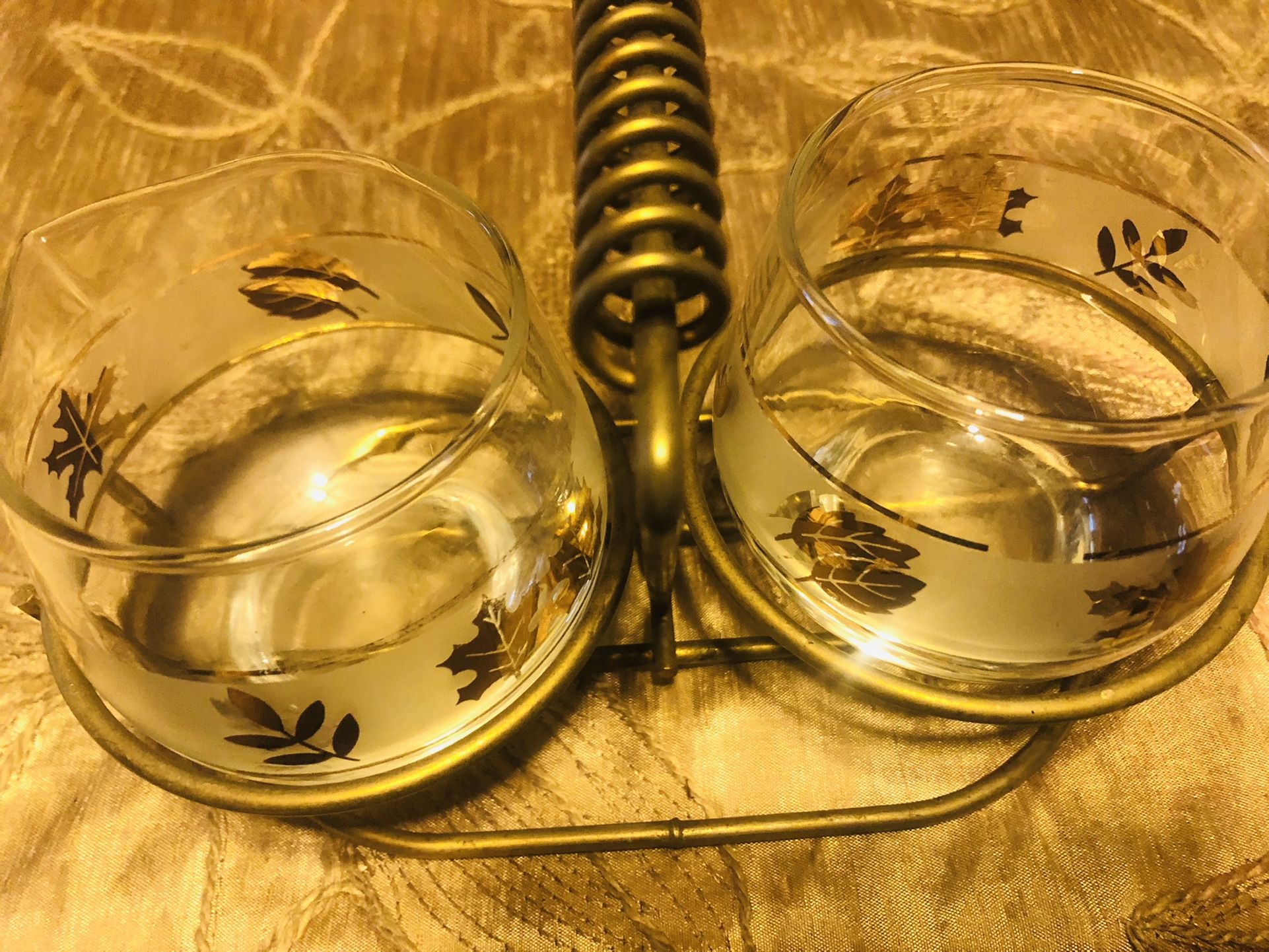 Mid Century Modern Gold Leaf Pattern Sugar And Creamer 7 inch Wide 3 1/2 inches Tall
