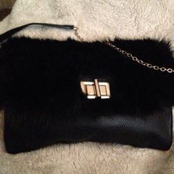 ALDO FAUX FUR CROSSBODY  CLUTCH PURSE WITH GOLD CHAIN