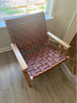 Genuine Leather Woven Lounge Chair Wood Frame Accent Chair