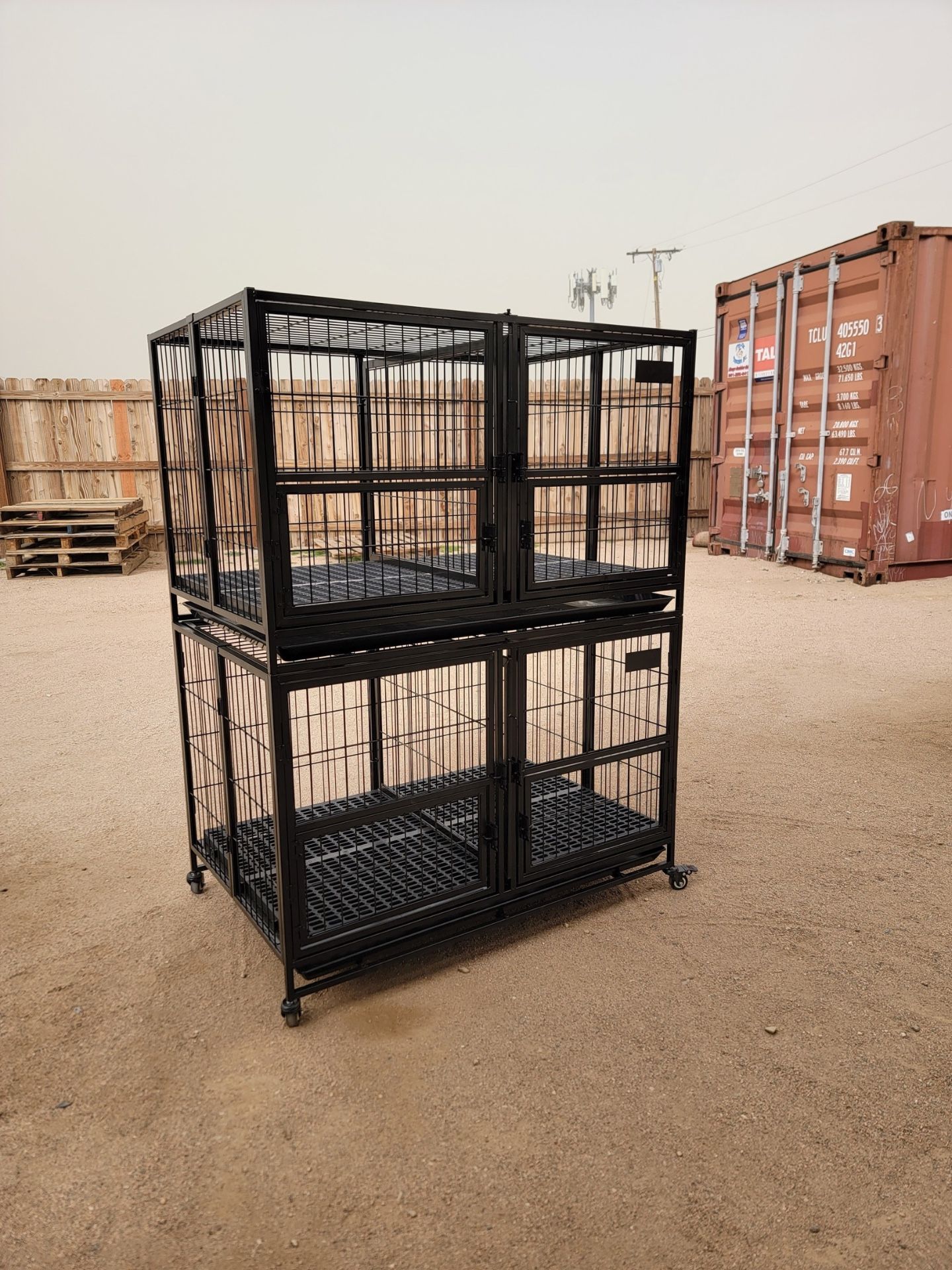 43” Large Double Door Dog Crate - 2 Tier Stackable & Foldable Dog Cage