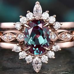 3 PC Alexandrite Engagement Ring Set Wedding Rose Gold Fashion Metal Unknown 7