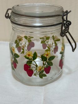 Vintage Arc France Strawberry & Floral Glass Canister Storage 3/4 L