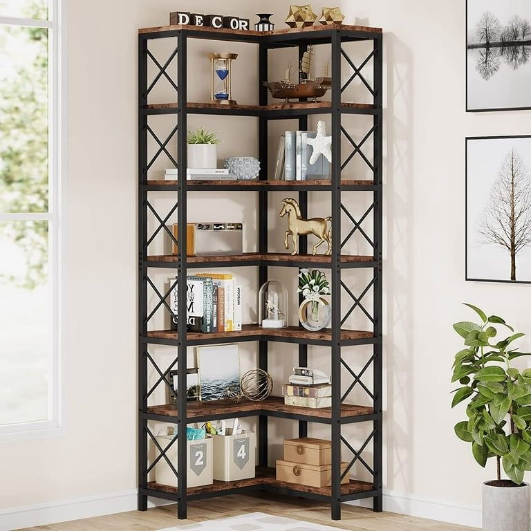 Tribesigns 7-Shelf Corner Bookshelf,Large Modern Corner Bookcase with Metal Frame for Living Room Home Office