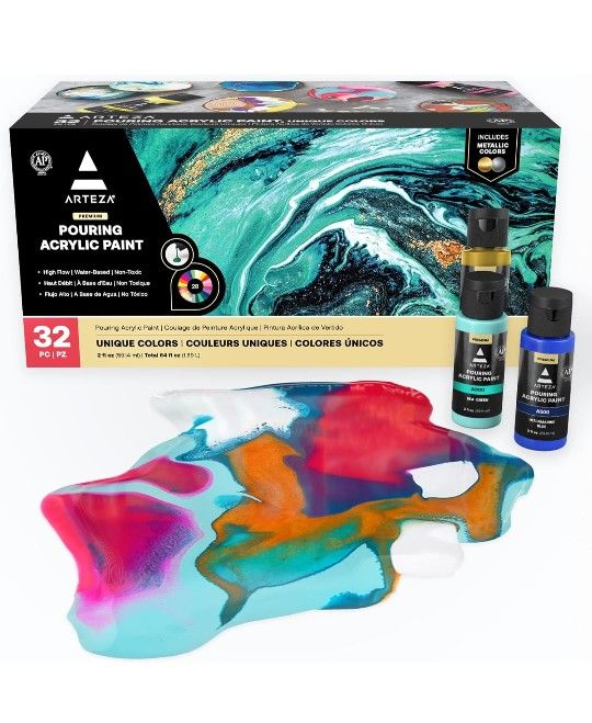 ARTEZA Acrylic Pouring Paint Set of 32, 2 ounce Bottles, Assorted Colors, High Flow Paint, Art Supplies