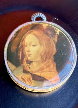 Large Vintage Madonna Devotional Pendant 1.75” Religious Portrait Glass Dome