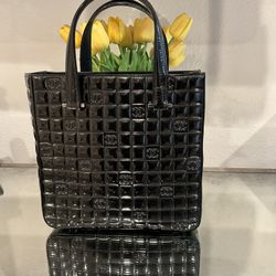 Authentic Chanel Very Rare Bucket Bag. Black Pattern Patent Leather/ With Silver Detail At Bottom Of Handles 