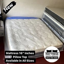 California King Size Mattress 16” Inches Thick Pillow Top. Quality and Comfort,  Available All Sizes. New From Factory. Same Day Delivery