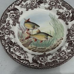 Vintage Spode Woodland Collectible 1990’s Retired English Earthenware Dinner Plate Rudd Fish Classic Floral Border Design Dish Washer, Microwave Safe