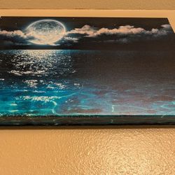 Canvas Print Full Moon in Clouds Sea Photography- 12"x18" modern art w/ seashells