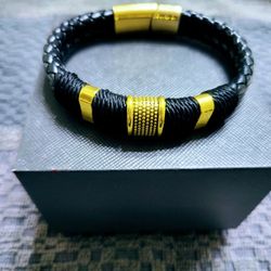 Leather Woven Bracelet with Golden Yellow Tone Accents for Men