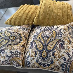 Set of 4 Throw Pillows - Yellow Textured & Paisley Embroidered
