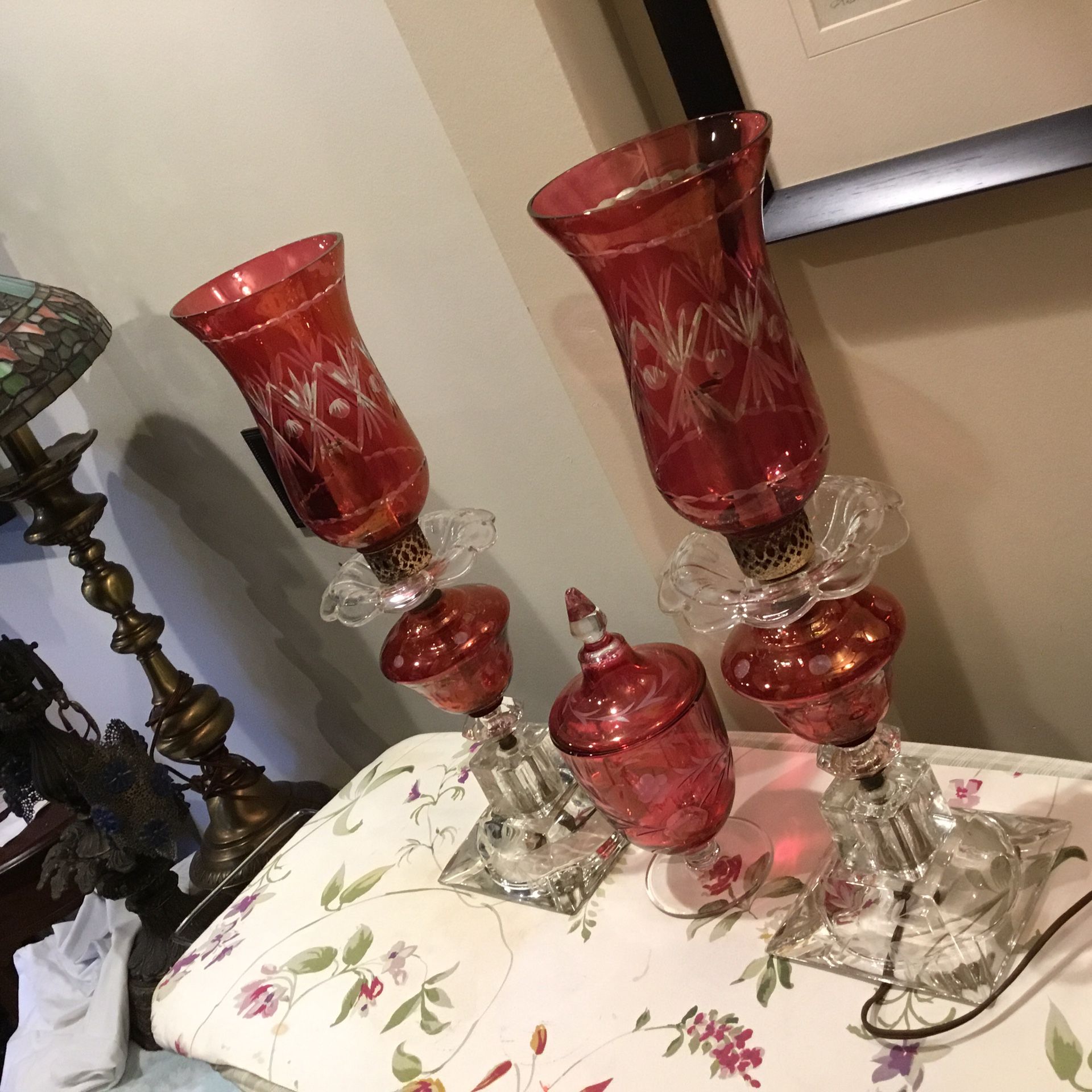 Vintage cranberry and glass etched lamp with 2 set of interchangeable glass lamp shades with covered cranberry etched covered compote. Stunning. All