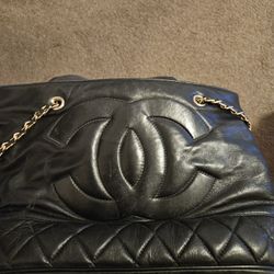 Vintage Chanel Black Leather Tassel Chain Tote Shoulder Bag with CC Logo
