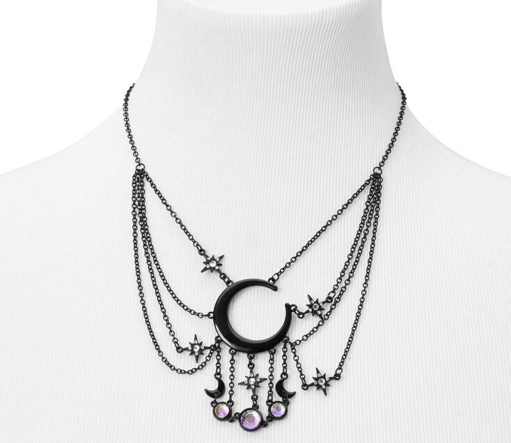 CRESCENT MOON & STARS BLACK CHAIN BIB STYLE CHOKER