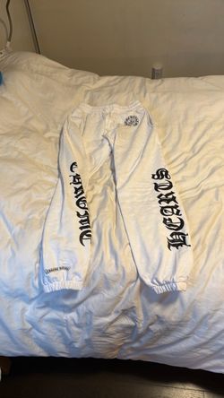 white chrome hearts sweat pants with chrome labels all over