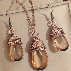 BEAUTIFUL AMBER COLOR DROP PENDANT STYLE EARRINGS & NECKLACE SET