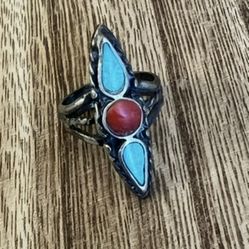 Vintage Native Turquoise, Coral Sterling Silver Ring Size 5