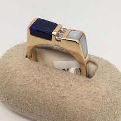 Square Cushion Lapis Men’s Lapiz Mother Of Pearl & Diamond Ring Sz9 14K Yellow Gold