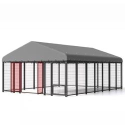 10 ft. x 14 ft. Large Dog Kennel Outdoor Dog Enclosure with Feeding and Double Swing Doors and Weatherproof Dog Cage 