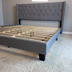 Grey Fabric Linen Platform Bed Frame King Size 