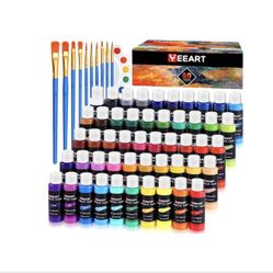 (9999-90) 50 Color Acrylic Paint Set, 2oz Bottles, Rich Pigmented Canvas Paint with 10 Brushes &Palette, Professional Art Supplies Kit for Adults & Ki