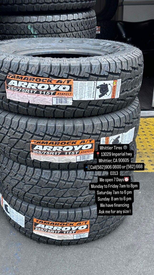 SET OF NEW TIRES, 255/75R17 ARROYO AT , INCLUDING MOUNTING AND BALANCING. ASK ME FOR ANY SIZE OR BRAND, LLANTAS NUEVAS