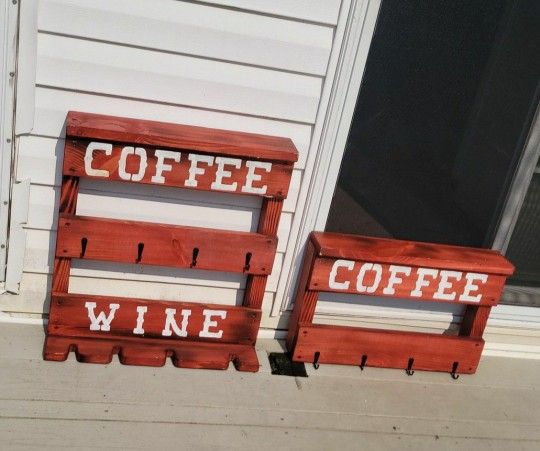 Primitive Rustic Coffee Rack and Wine Rack With Hooks