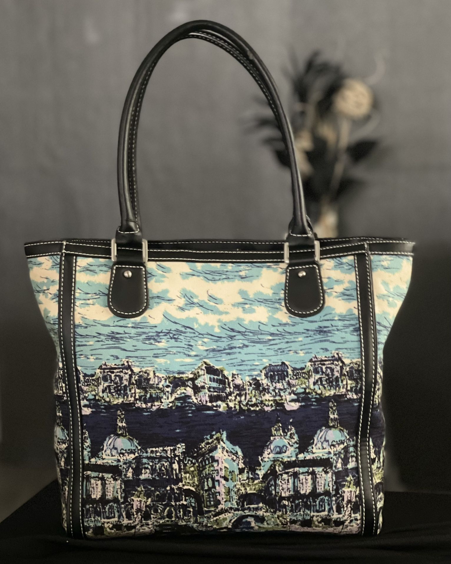 Talbots Italian Venice Waterscape Navy Blue Canvas Brocade Weave Tote Bag Purse