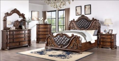 Brand New Brown Cherry 4pc Queen Bedroom Set (Available in California King Size)